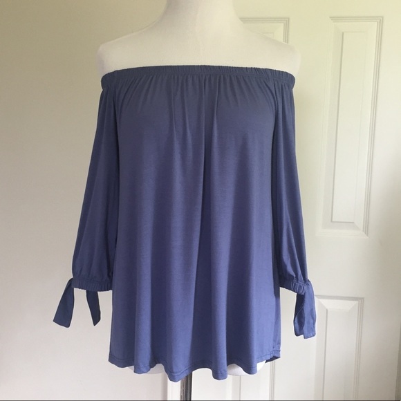 Blue Off the Shoulder Modal Tie Sleeve Top - Picture 4 of 6
